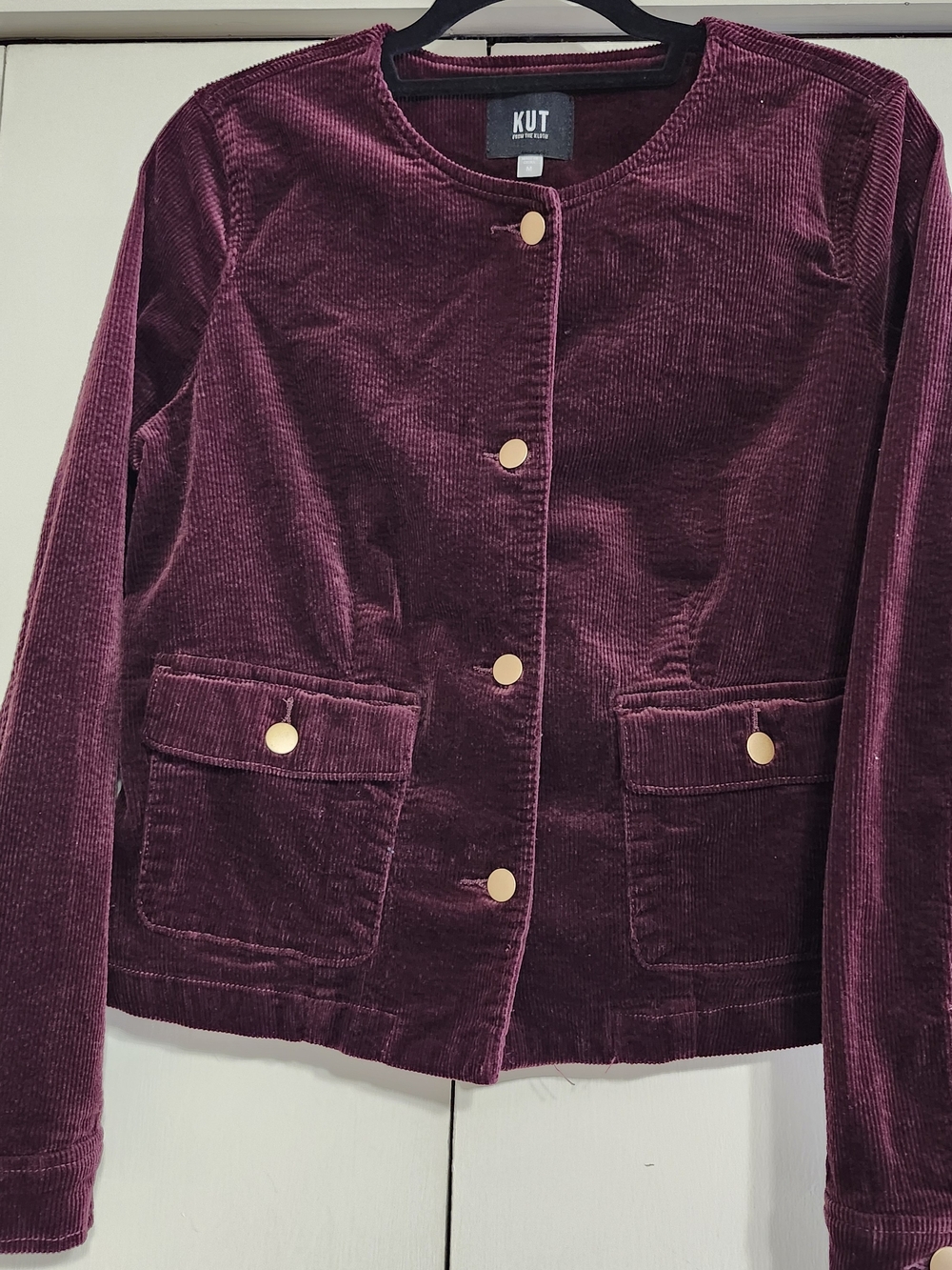 Kut from the Kloth Corduroy Jacket in Deep Wine with Gold Buttons
